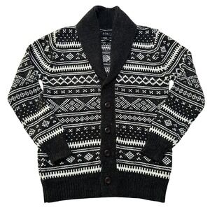 Mens Fair Isle Shawl Collar Cardigan Sweater M Black White Nordic Academia Cabin